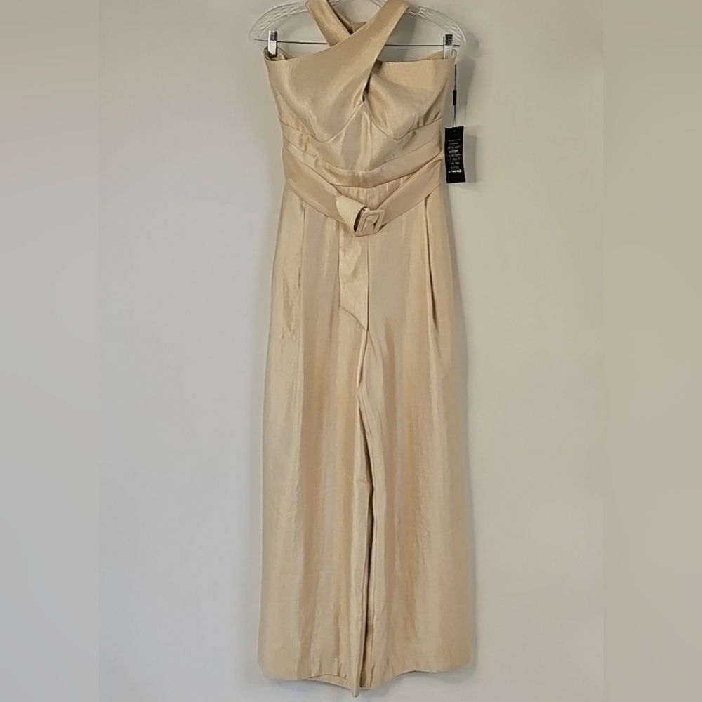 WHBM Champagne Gold Wide Leg Halter Jumpsuit wFront Pockets Cocktail Coquette - Picture 3 of 16